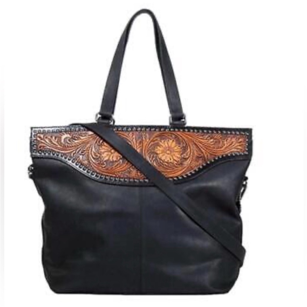 Nocona Stacey Black Leather Western Style Tote Tooled Floral Carry & Conceal